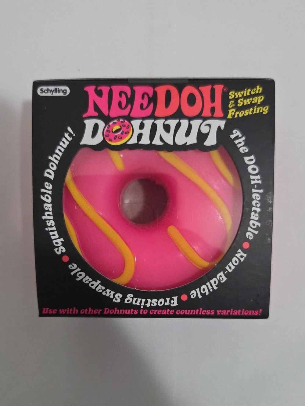 Needoh Dohnut Squishy Toy - Pink W/ Yellow Stripe Frosting-Authentic